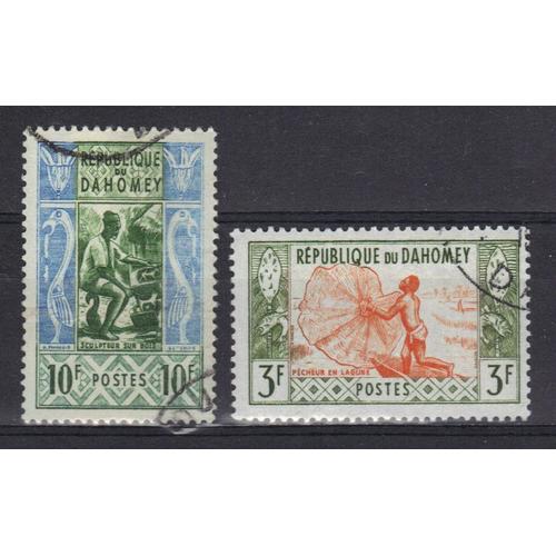 Dahomey 1961 : Artisanat : Sculpteur Sur Bois / Pêcheur En Lagune - Série De 2 Timbres Oblitérés