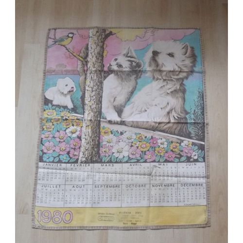 Torchon Calendrier De L'année 1980 - Motifs Chien Et Chat