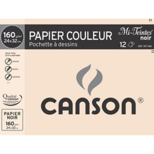Canson 200317104 Pochette Papier à dessin Mi-Teintes 12 feuilles 160g 24 x 32 cm Noir