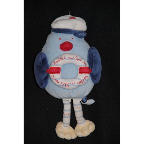 Pingouin Doudou Peluche Marin Bleu Clair Fonçé Avec Bouée Sucre D'orge 21 Cms