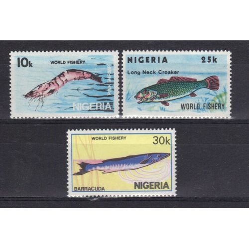 Nigeria 1983 : Journée Mondiale De L'alimentation : Ressources Halieutiques : Crevette Rose / Poisson / Barracuda - Série De 3 Timbres Neufs **