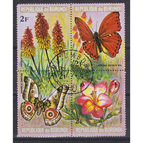 Burundi 1973 : Papillons Et Fleurs - Série De 4 Timbres À  8 F. Oblitérés Et Attenants