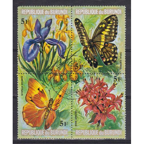 Burundi 1973 : Papillons Et Fleurs - Série De 4 Timbres À  20 F. Oblitérés Et Attenants