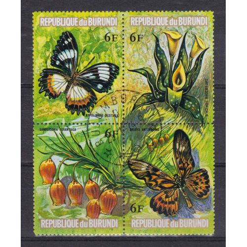 Burundi 1973 : Papillons Et Fleurs - Série De 4 Timbres À  24 F. Oblitérés Et Attenants