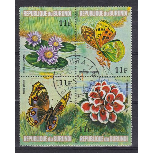 Burundi 1973 : Papillons Et Fleurs - Série De 4 Timbres À 44 F. Oblitérés Et Attenants