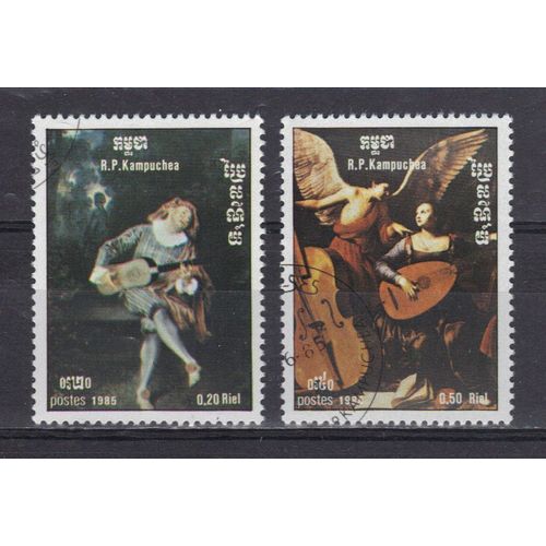 Kampuchea 1985 : Année Internationale De La Musique : La Musique Dans La Peinture : Tableaux : Guitare - Série De 2 Timbres Oblitérés