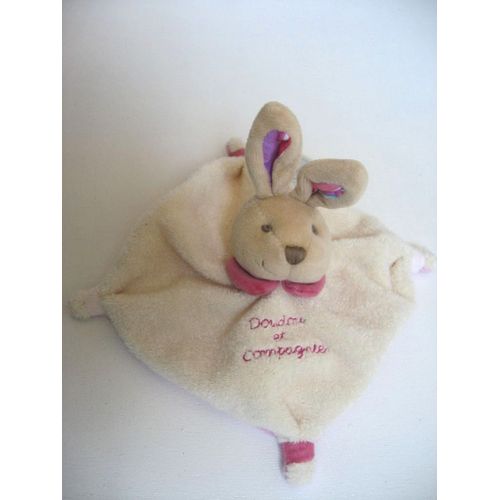 Doudou Et Compagnie Carré Plat Col Rose Crème Beige Oreilles Rayées