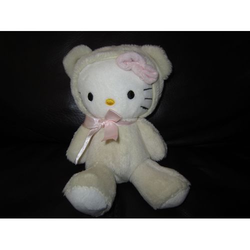 Doudou Peluche Chat  Hello Kitty Deguise En Ours Blanc Sanrio Pour H&m H Et M 20 Cm Noeuds Roses