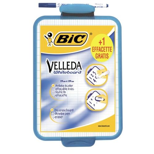 Bic - Ardoise Velleda 19x26 Double Face (Unie, Quadrillé) + 1feutre + 1 Effac...