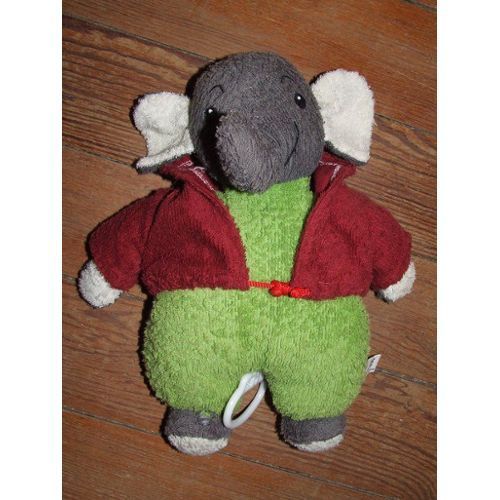 Elephant Cp International Doudou Gris Vert Rouge Bordeaux Peluche Musical De 28 Cm