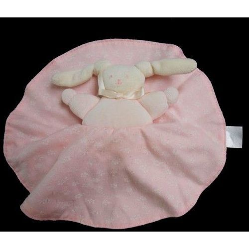Doudou Peluche Lapin Patachou Corolle Plat Rond Rose Fleurs Blanches Grelot Noeud Satin Grelot