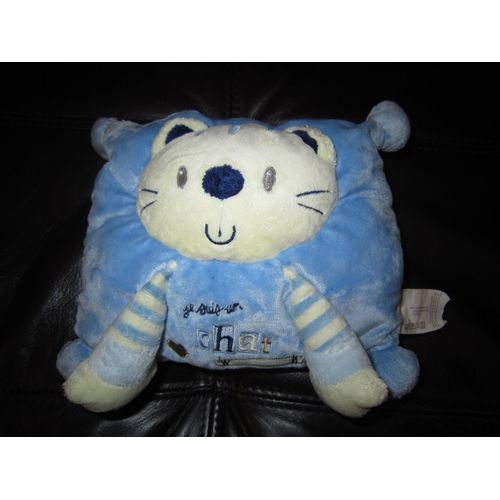 Doudou "Kiabi", Coussin Chat Bleu Écru Brodé Je Suis Un Chat Comme Ca ! Nicotoy