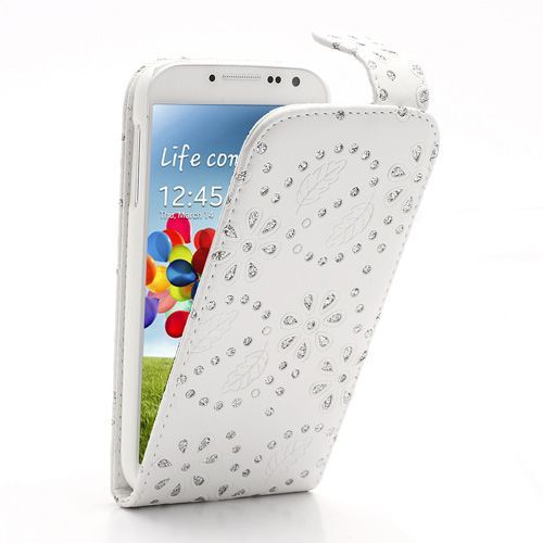 Housse Etui Coque Samsung Galaxy S4 - Protection Simili Cuir Blanc Design Fleurs Strass
