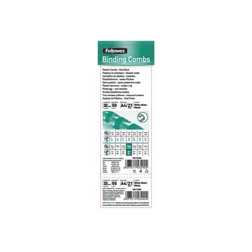 Fellowes Plastic Comb - 32 mm - 30 cm - 21 anneaux - 280 feuilles - blanc - 50 unités peigne de reliure en plastique - pour Fellowes Galaxy 500, Galaxy E 500, Pulsar 300, Pulsar-E 300, Quasar E...