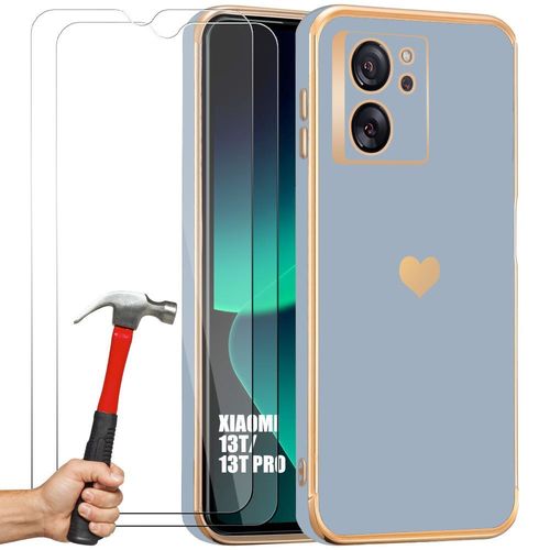 Coque Pour Xiaomi 13t / 13t Pro - Bleu - Coque Antichoc En Silicone Liquide Avec Motif De CUr Plaqué Et Doré + 2 Verres Trempés - E.F.Connection
