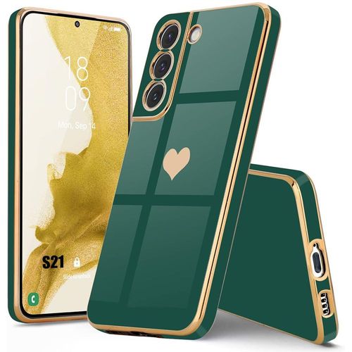 Coque Pour Samsung Galaxy S21 - Vert Nuit - Antichoc En Silicone Hybride Avec Motif D'amour CUr Doré Et Plaqué - E.F.Connection