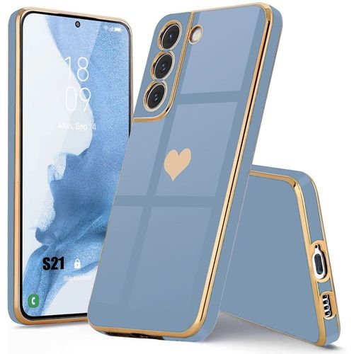 Coque Pour Samsung Galaxy S21, En Silicone, Mode Luxe À Motif DAmour Plaqué Et Doré, Protection Antichoc - Bleu - E.F.Connection