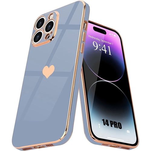 Coque Pour Iphone 14 Pro, Bleu, Tpu Antichoc Silicone Liquide Avec Motif DAmour CUr Doré Et Plaqué - E.F.Connection