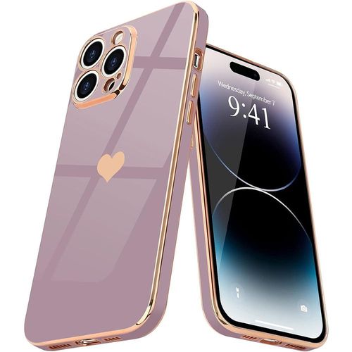 Coque Pour Iphone 14 Pro, Coque Silicone Liquide Avec Motif Plaqué DAmour CUr Doré, Protection Antichoc, Violet - E.F.Connection