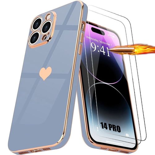 Coque Pour Iphone 14 Pro, Antichoc En Silicone Tpu Avec Motif DAmour CUr Plaqué Et Doré, Bleu + 2 Verres Trempés - E.F.Connection