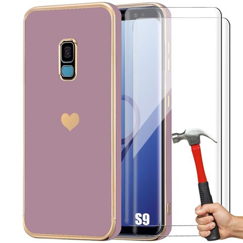 Coque Pour Samsung Galaxy S9, Antichoc En Silicone Tpu Avec Motif DAmour CUr Plaqué Et Doré, Violet + 2 Verres Trempés - E.F.Connection