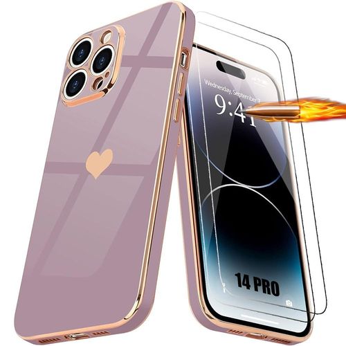 Coque + 2 Verres Trempés Pour Iphone 14 Pro, Coque Antichoc En Silicone Liquide Avec Motif DAmour CUr Doré Et Plaqué - Violet - E.F.Connection