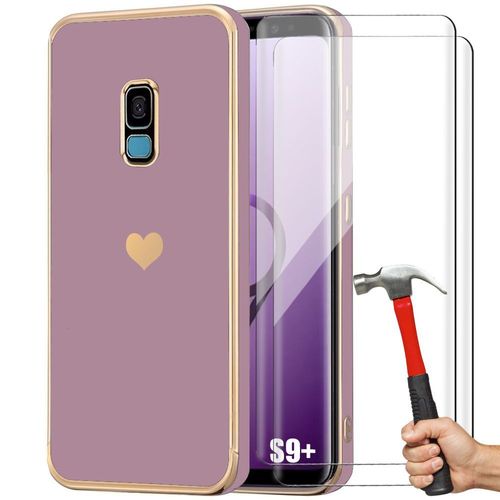 Coque Pour Samsung Galaxy S9 Plus/S9+ - Violet - Coque Antichoc En Silicone Tpu Avec Motif De CUr Doré Et Plaqué + 2 Verres Trempés - E.F.Connection