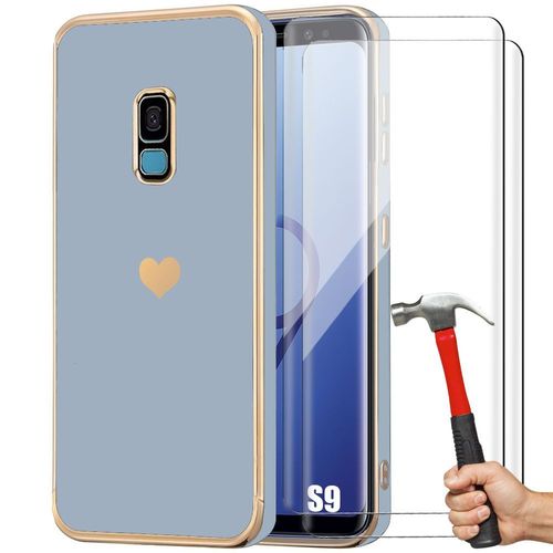 Coque + 2 Verres Trempés Pour Samsung Galaxy S9 - Bleu - Coque Protection Antichoc En Silicone Hybride Avec Motif De CUr Plaqué - E.F.Connection