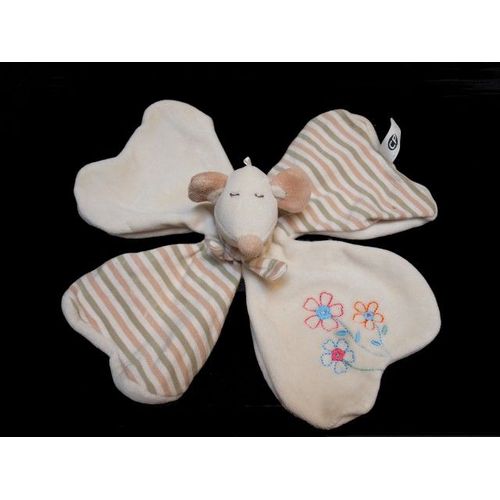 Doudou Plat Souris Cp International Beige Vert Marron Fleur Forme Trèfle