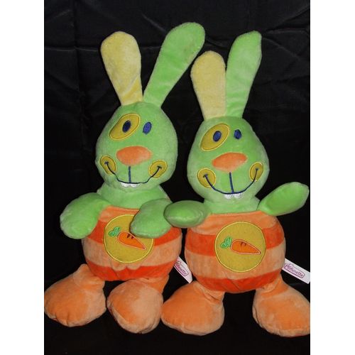 Lapin Pommette Vert Orange Carotte Doudou Peluche Activite A Grelot De 35 Cm + Oreilles De 9 Cm Lot De 2