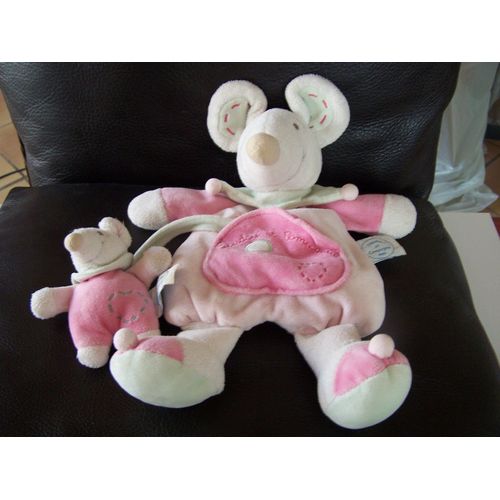 Doudou Souris Doudou Et Compagnie Rose Et Blanche Avec Son Petit Souriceau