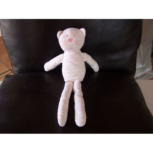 Doudou Chat Pantin Raye Rose Et Blanc