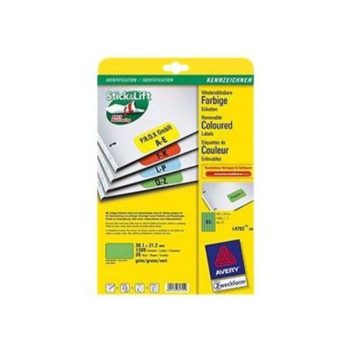 Avery - Étiquettes adhésives enlevables - vert - 38.1 x 21.2 mm 1300 étiquette(s) ( 20 feuille(s) x 65 )