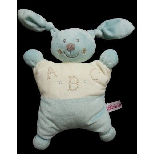 Doudou Semi Plat Lapin Pommette Pomette Intermarché Peluche Brodé  A B C  Bleu Ciel  Beige/ Écru