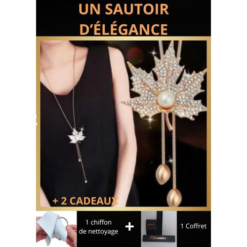 Collier Long Réglable ( Sautoir) Feuille Dorée Et Perle De 45 Cm