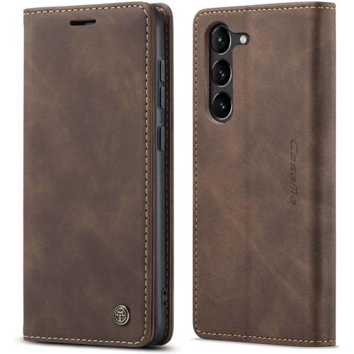 Coque Compatible Avec Samsung Galaxy S23,Anti-Choc Housse En Cuir Premium Flip Case Portefeuille Etui,Cafe