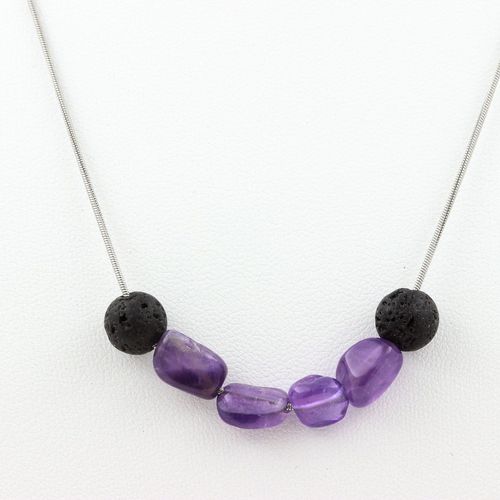 Collier Perles Améthyste Du Brésil + Lave 8 Mm. Chaine En Acier Collier Femmes, Hommes. Taille Personnalisable.