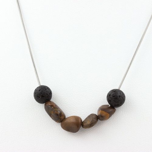 Collier Perles Opale Boulder D'australie + Lave 8 Mm. Chaine En Acier Collier Femmes, Hommes. Taille Personnalisable.