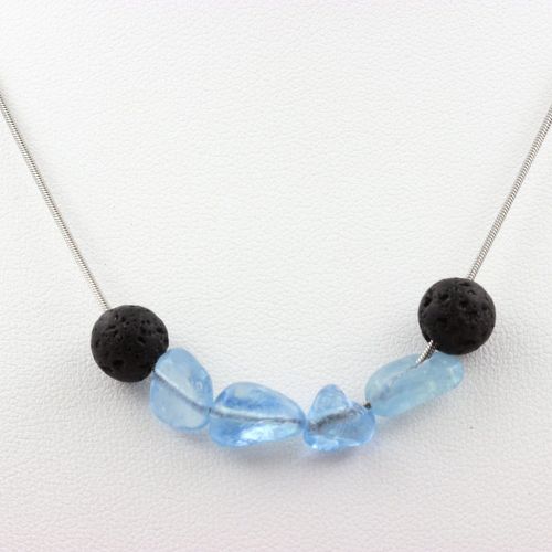 Collier Perles Aigue-Marine Du Brésil + Lave 8 Mm. Chaine En Acier Collier Femmes, Hommes. Taille Personnalisable.
