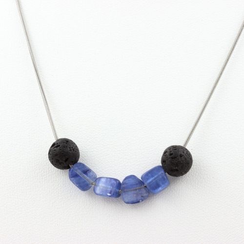 Collier Perles Cyanite Bleu Du Brésil + Lave 8 Mm. Chaine En Acier Collier Femmes, Hommes. Taille Personnalisable.