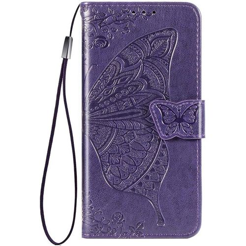Coque Pour Huawei P Smart 2020, Housse Pu/Tpu Flip Cuir Portefeuille Etui Avec Especes Et Carte Fente, Papillon 3d Telephone Case Protection Cover Violet Fonce
