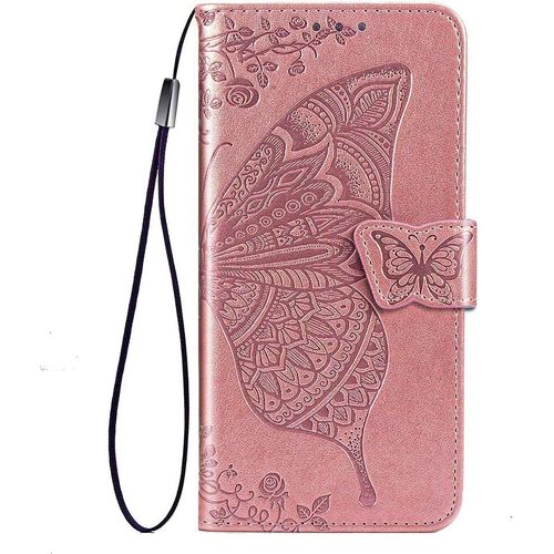 Coque Pour Huawei P Smart 2020, Housse Pu/Tpu Flip Cuir Portefeuille Etui Avec Especes Et Carte Fente, Papillon 3d Telephone Case Protection Cover Or Rose