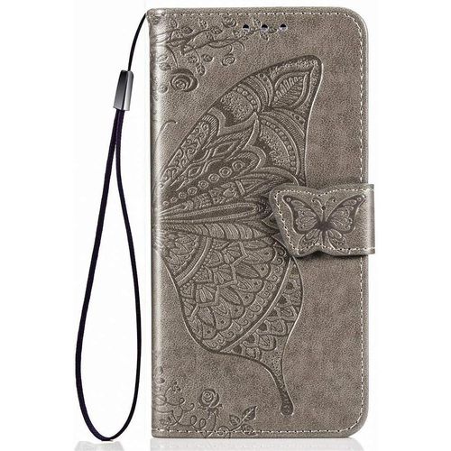 Coque Pour Huawei P Smart 2020, Housse Pu/Tpu Flip Cuir Portefeuille Etui Avec Especes Et Carte Fente, Papillon 3d Telephone Case Protection Cover Gris