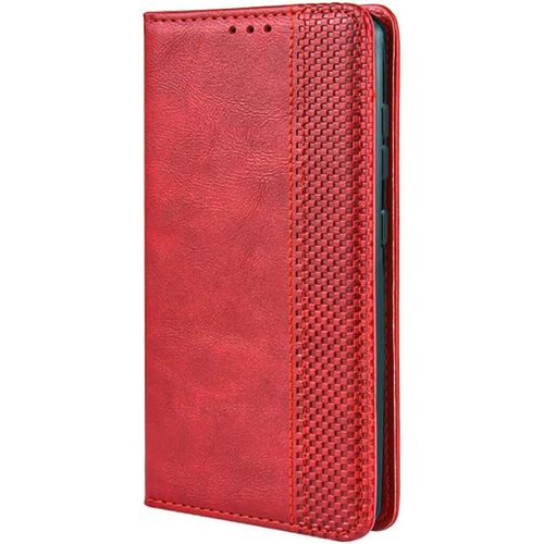 Housse Folio En Cuir Pour Oppo Realme C21 Coque, Premium Pu/Tpu Flip Etui Portefeuille Avec Fentes Pour Cartes, Pochette Protector Etui Case Cover - Rouge