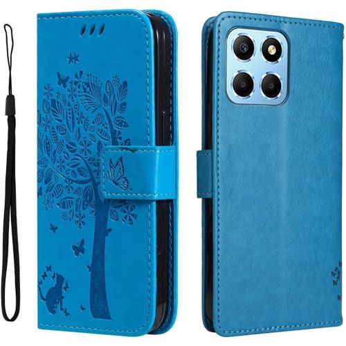 Coque Pour Honor 70 Lite/Honor X6 / Honor X8 5g, Housse Flip Tpu/Pu Portefeuille Cuir Portefeuille Etui Avec Carte Fente/Stand Fonction, Embossee Motif Magnetique Case Cover, Bleu