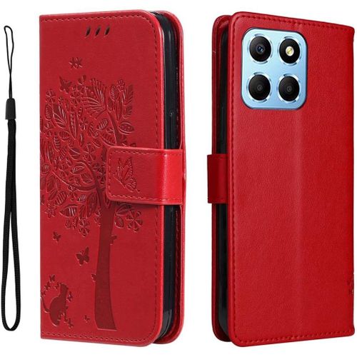 Coque Pour Honor 70 Lite/Honor X6 / Honor X8 5g, Housse Flip Tpu/Pu Portefeuille Cuir Portefeuille Etui Avec Carte Fente/Stand Fonction, Embossee Motif Magnetique Case Cover, Rouge