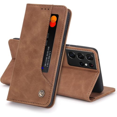Coque Samsung Galaxy Note20 Housse Etui Flip Kickstand Support Case 5 Cartes Design Portefeuille En Cuir Housse De Protection Adsorption Auto Magnetic Case Pour Galaxy Note20 Cover(Brun)