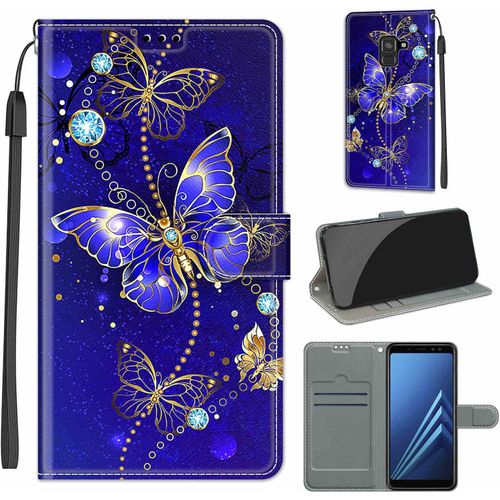Coque Compatible Pour Samsung Galaxy A8 2018 Etui Silicone Pu Cuir Magnetique Clapet A Rabat Support Avec Cordon Motif Dr?Le Portefeuille Kickstand Bumper Housse Cover, Papillon 1