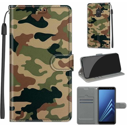 Coque Compatible Pour Samsung Galaxy A8 2018 Etui Silicone Pu Cuir Magnetique Clapet A Rabat Support Avec Cordon Motif Dr?Le Portefeuille Kickstand Bumper Housse Cover, Camouflage