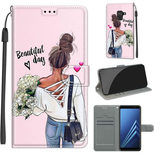 Coque Compatible Pour Samsung Galaxy A8 2018 Etui Silicone Pu Cuir Magnetique Clapet A Rabat Support Avec Cordon Motif Dr?Le Portefeuille Kickstand Bumper Housse Cover, Fille